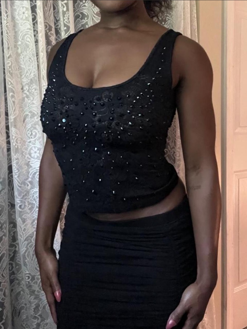 Y2k Black Beaded Lace Camisole going out top by Norma Kavali